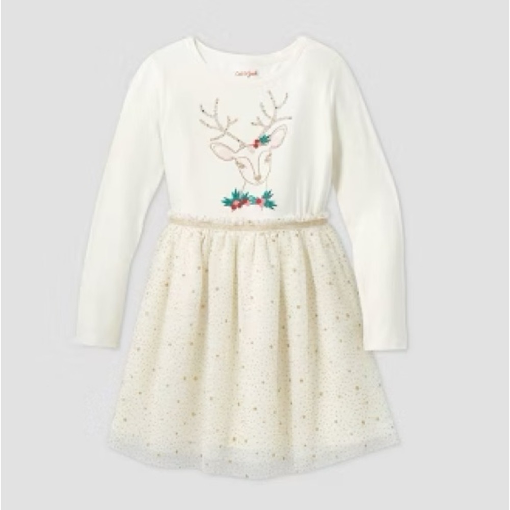 CAT & JACK FLORAL DEER TULLE DRESS - CREAM VARIOUS SIZES (NEW WITH TAGS) A11